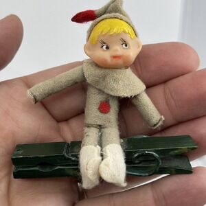 Vintage Elf Christmas Ornament Japan Pixie‎ Plastic felt Gray Clip
